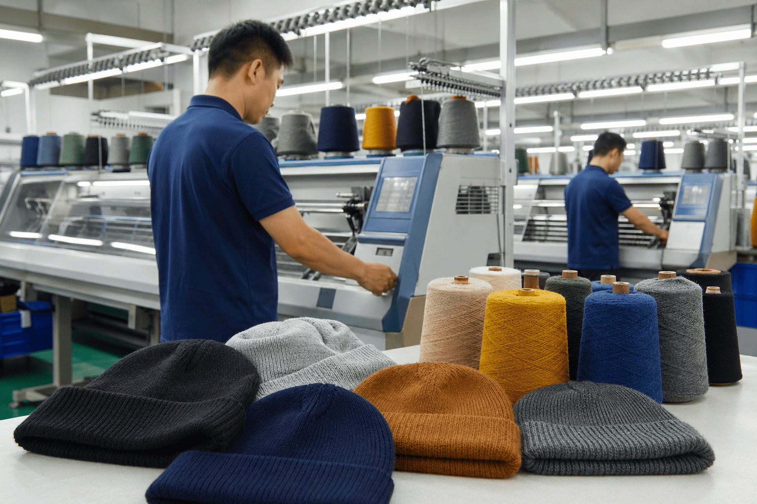 a factory floor with knitting machines for beanies