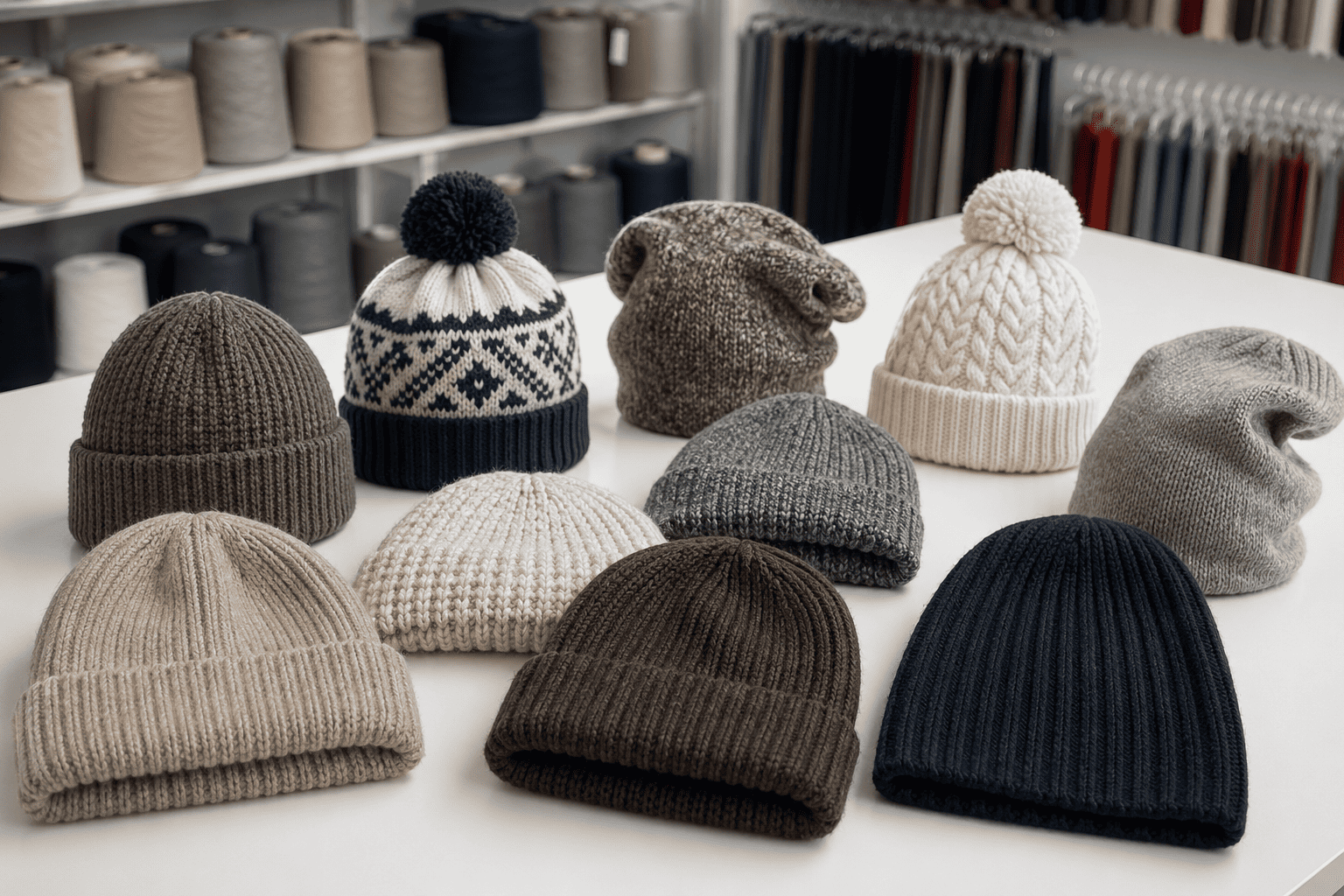 A collection of different types of beanies showing various textures and styles