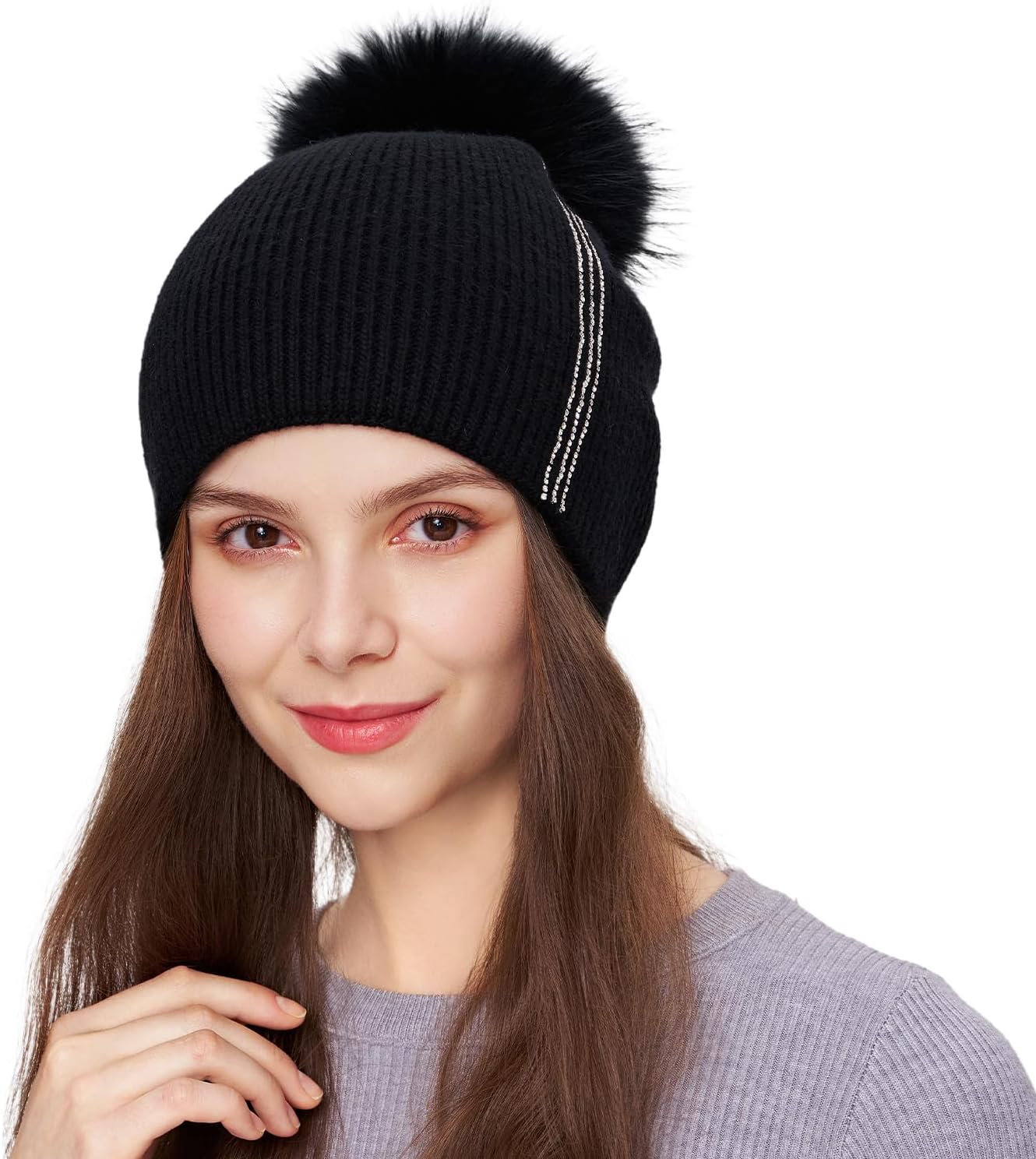 Women’s Pom Pom Beanie with Rib Knit and Decorative Stripe Design