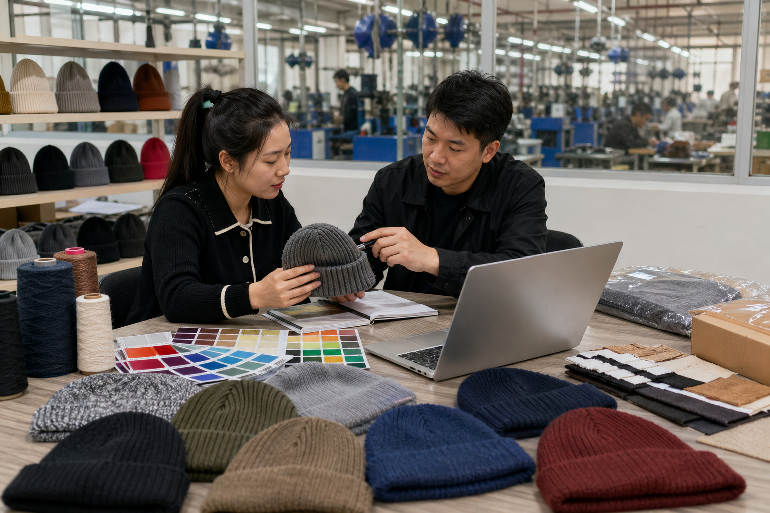 Yiwu Jishi Technology factory floor showing knitting production