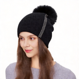 Women’s Pom Pom Beanie with Rib Knit and Decorative Stripe Design