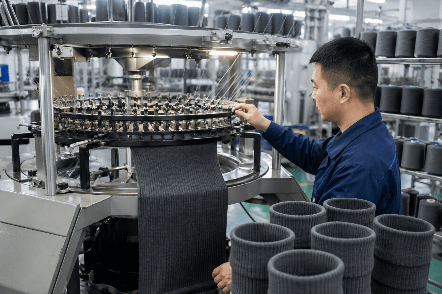Close-up of a circular knitting machine producing a beanie