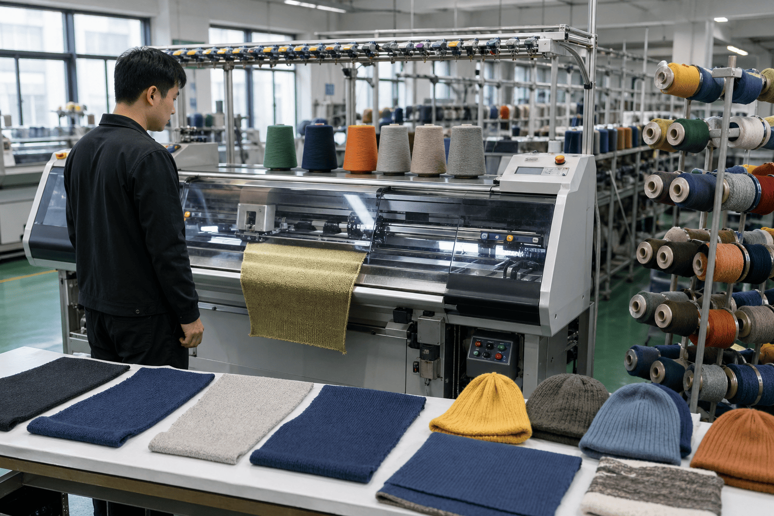 A computerized flat knitting machine in operation creating a fabric panel