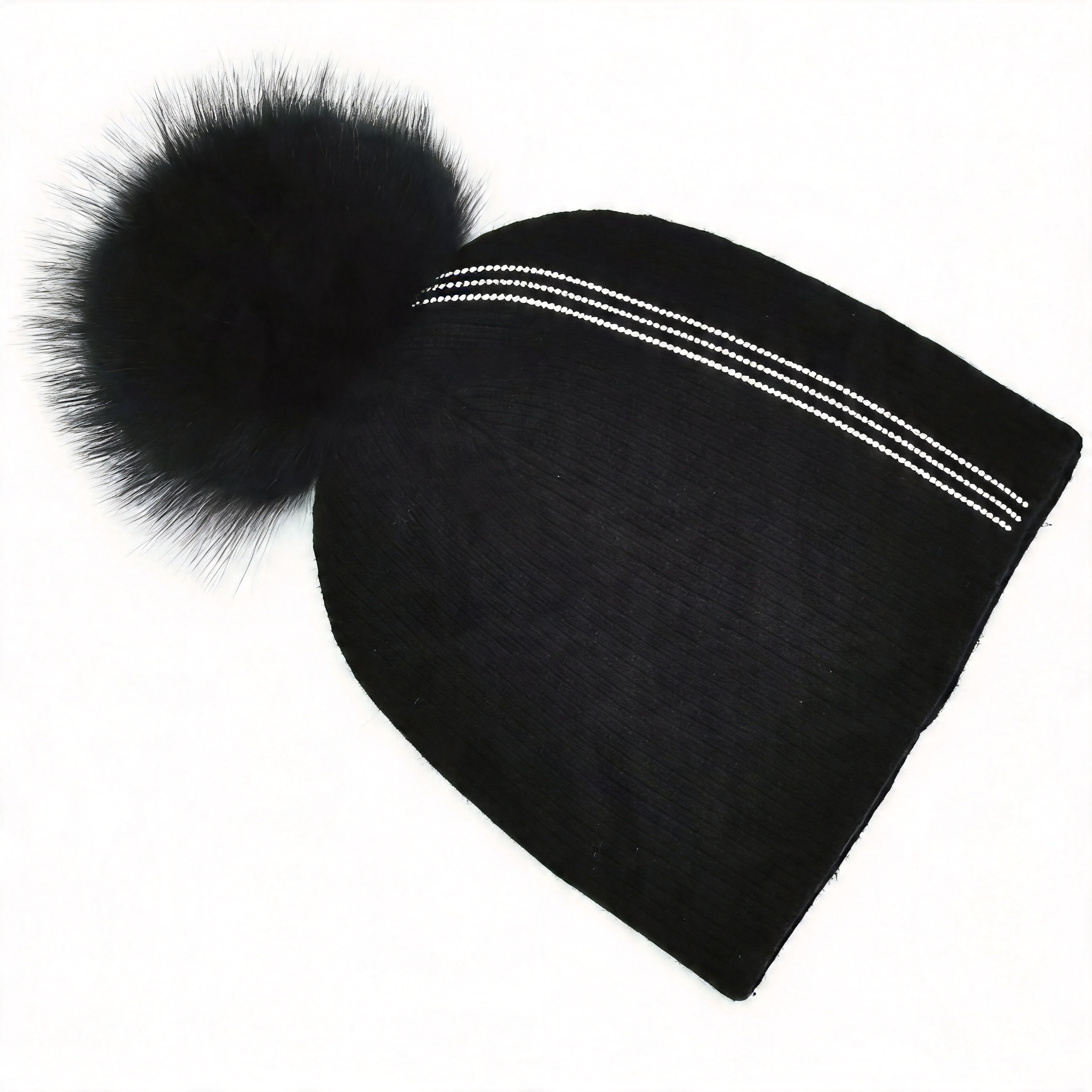Women’s Pom Pom Beanie with Rib Knit and Decorative Stripe Design