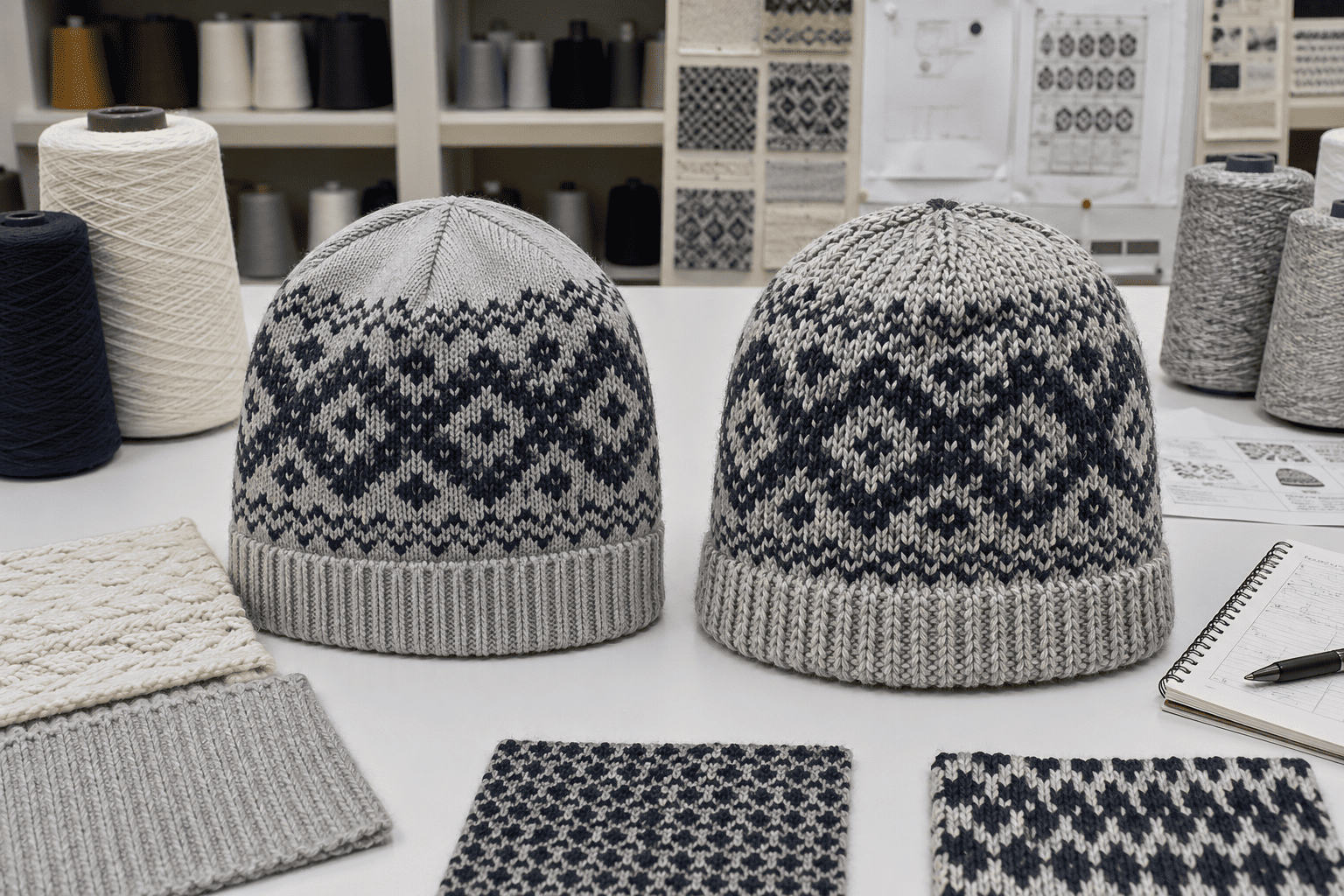 Two beanies with similar patterns but different textures, one circular knit and one flat knit