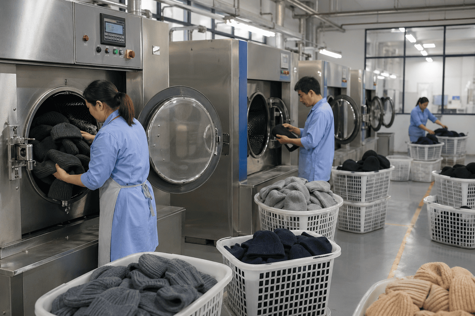 industrial washing and drying machines in a factory