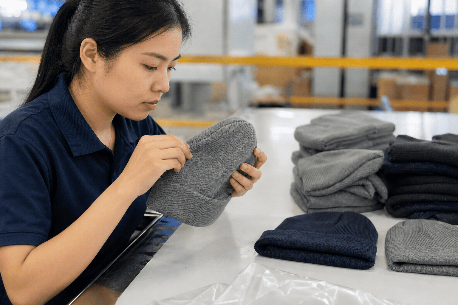 a worker inspecting a finished beanie for quality control