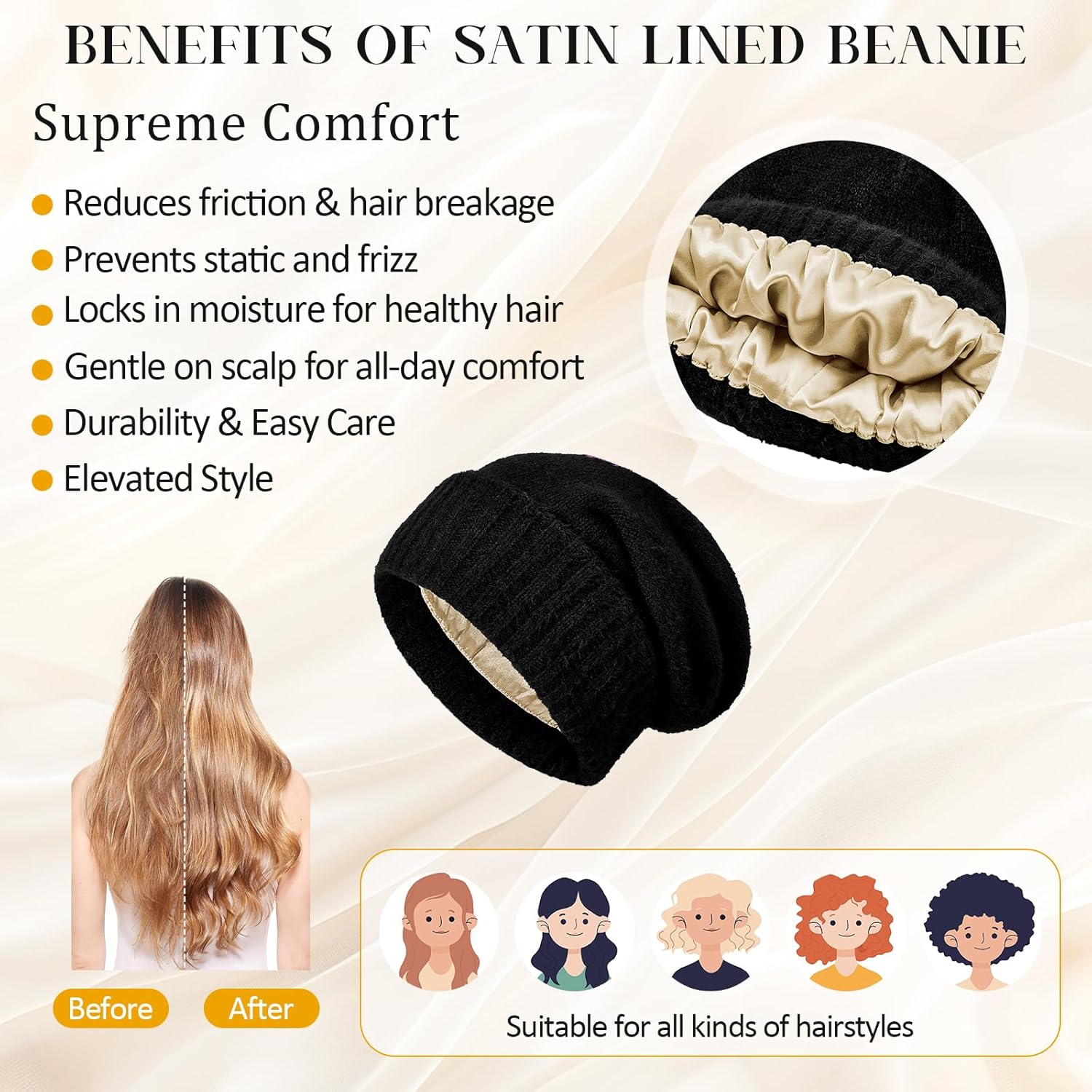 Double Layer Satin Lined Beanie for Hair Protection and Winter Comfort