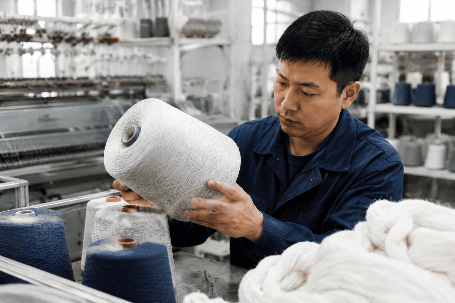factory worker inspecting a large spool of yarn for quality control