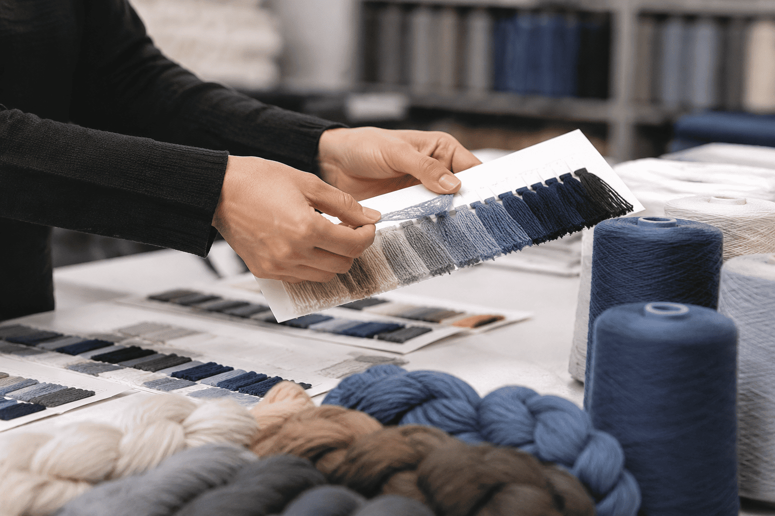 person choosing a yarn swatch from a color card