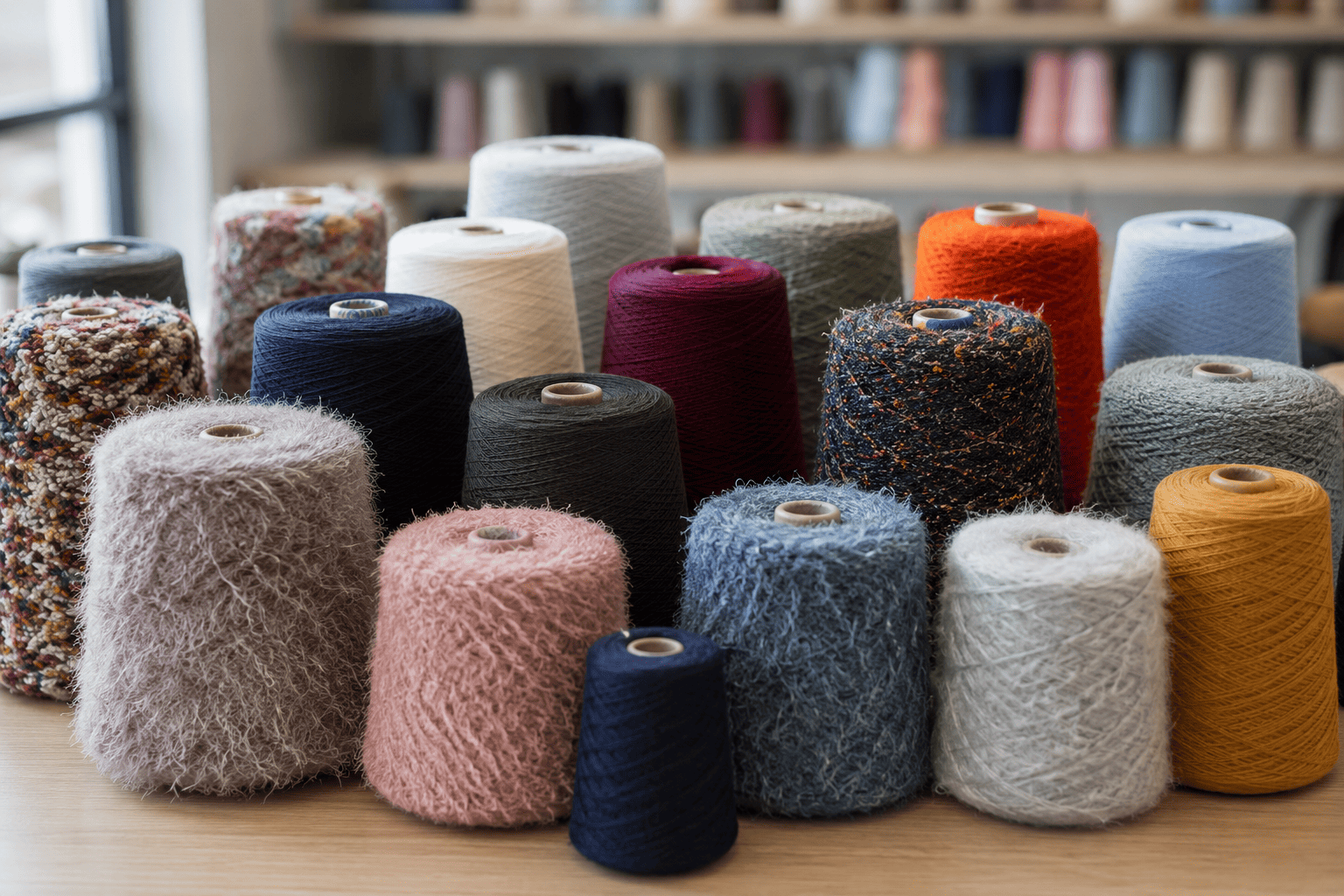 A close-up of different colored yarn spools