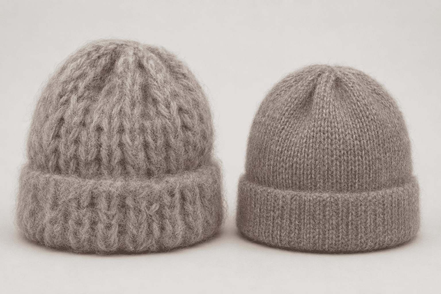 Two hats with the same yarn but different knit tightness