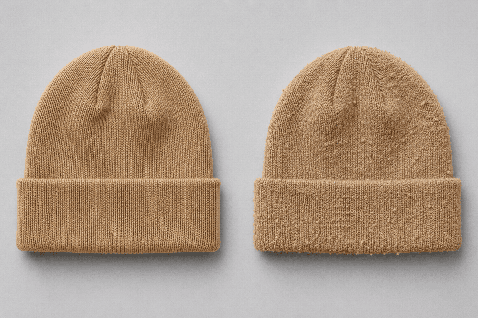 Side-by-side comparison of a pilled and a new hat