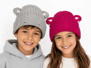 Custom kids animal ear knitted beanie hats with rib knit texture and folded cuff